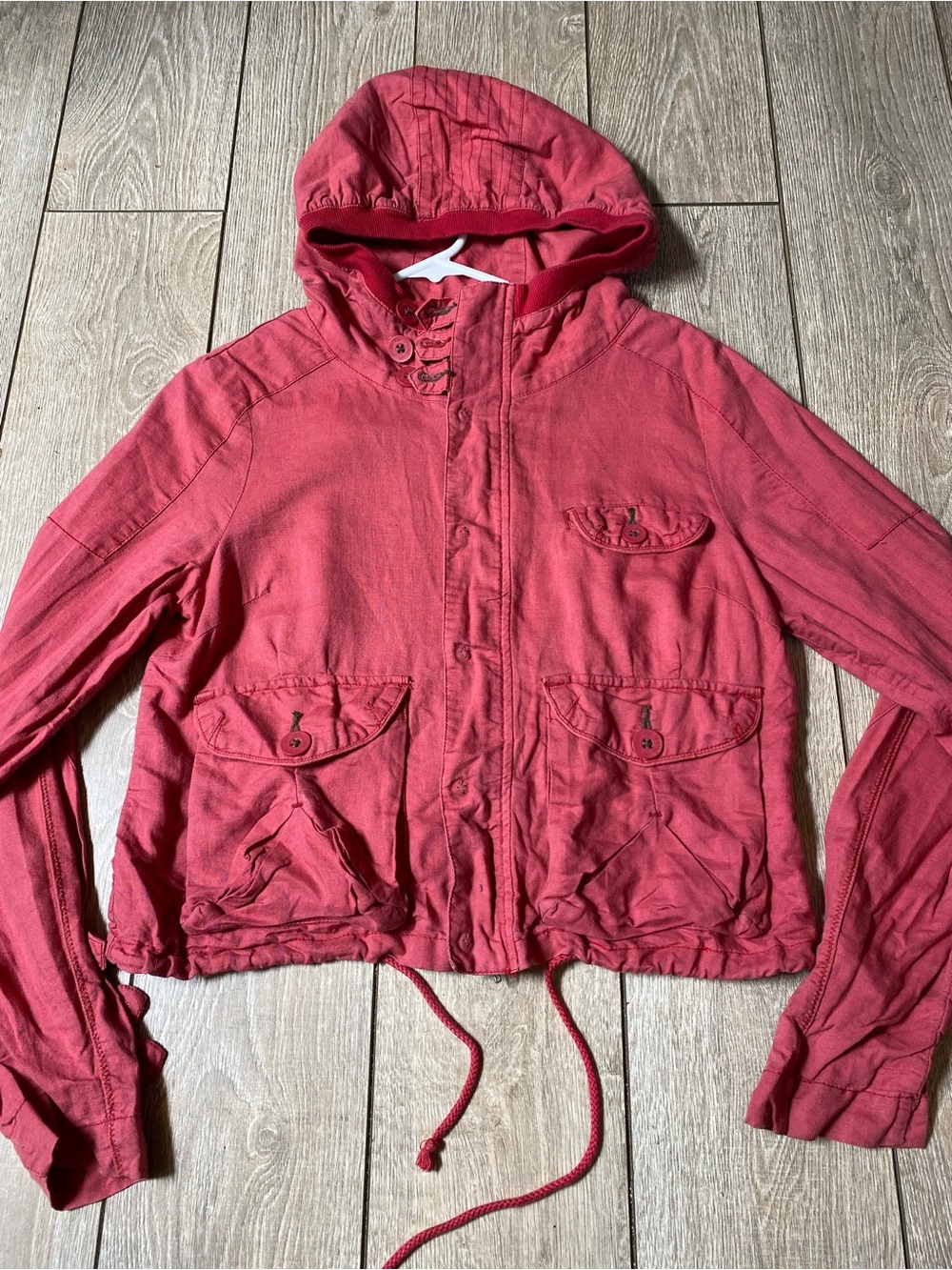 Free People Vintage Hooded Utility Jacket Coral Pink Red Cropped Cargo Boho Sz 8